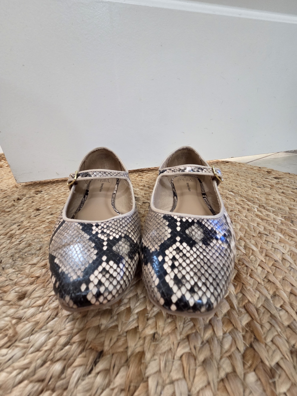 Time and Tru Beige and Black Snake-Print Mary Jane Flats